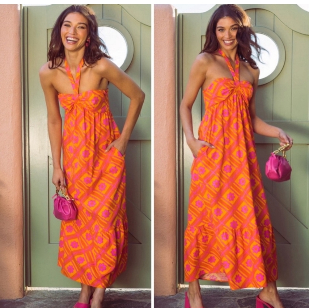 Show Me Your MuMu Orange & Pink Geometric Halter Maxi Dress.